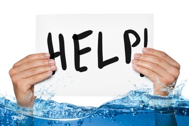 Image of Paper with word Help in man's hands sticking out of water against white background