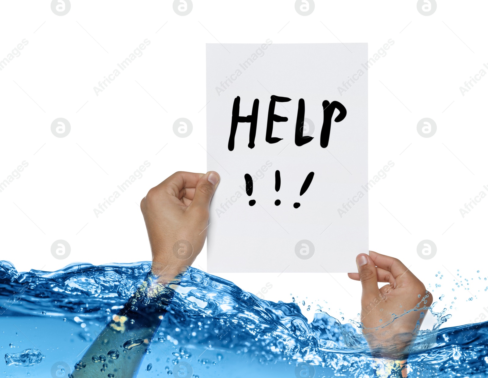 Paper with word Help in man's hands sticking out of water against white background Image of Paper with word Help in man's hands sticking out of water against white background