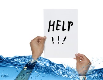Image of Paper with word Help in man's hands sticking out of water against white background