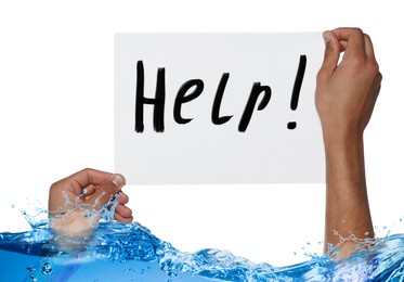 Image of Paper with word Help in man's hands sticking out of water against white background
