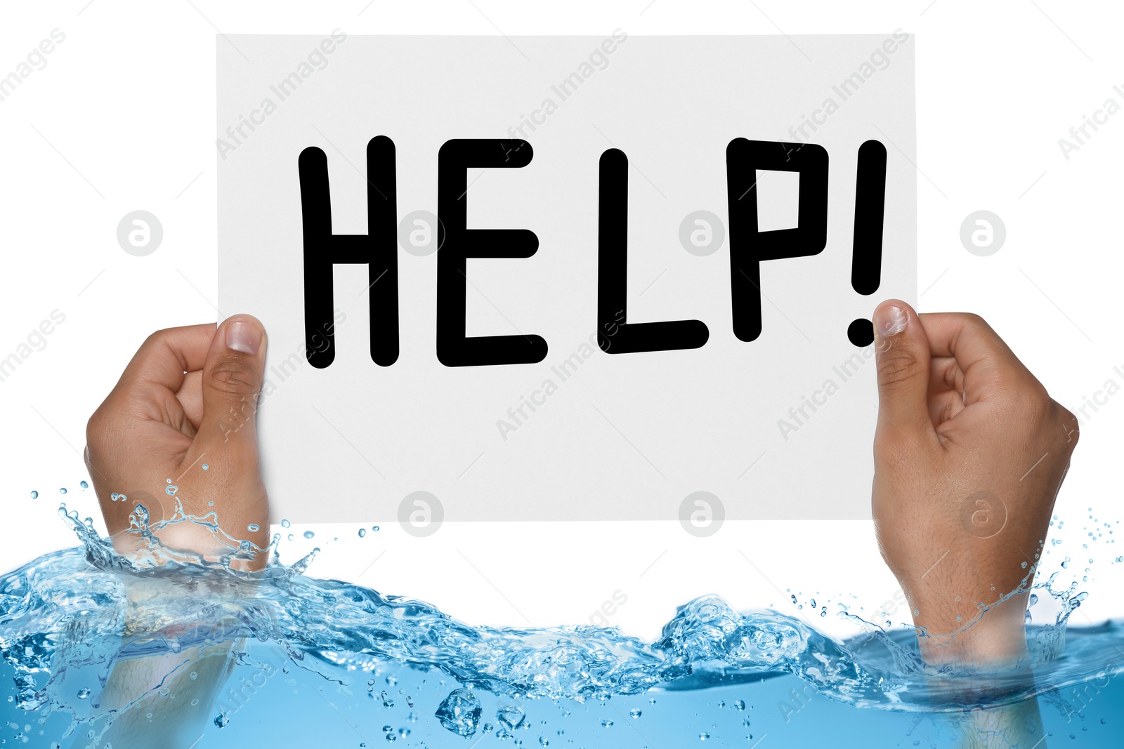 Paper with word Help in man's hands sticking out of water against white background Image of Paper with word Help in man's hands sticking out of water against white background