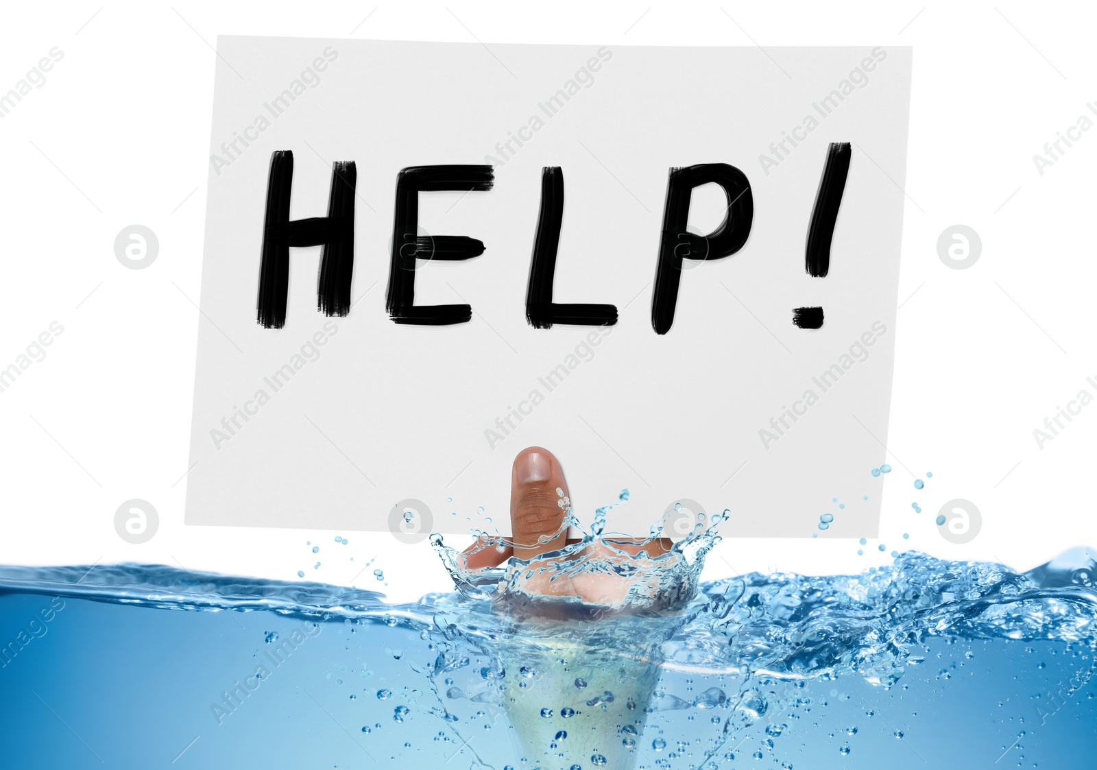 Paper with word Help in man's hand sticking out of water against white background Image of Paper with word Help in man's hand sticking out of water against white background