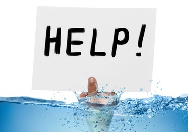 Image of Paper with word Help in man's hand sticking out of water against white background