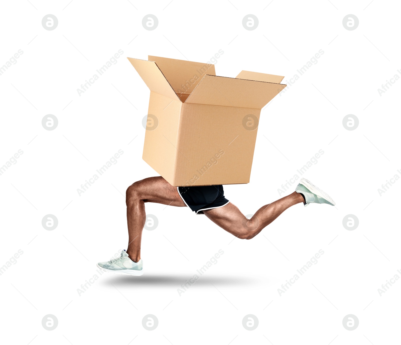 Open cardboard box with man's legs running on white background. Fast delivery Image of Open cardboard box with man's legs running on white background. Fast delivery
