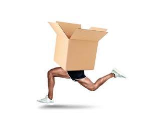 Image of Open cardboard box with man's legs running on white background. Fast delivery
