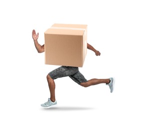 Image of Open cardboard box with man's legs and arms running on white background. Fast delivery