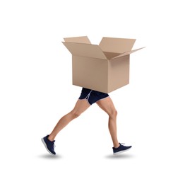 Image of Open cardboard box with man's legs running on white background. Fast delivery
