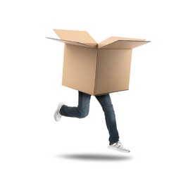 Image of Open cardboard box with man's legs running on white background. Fast delivery