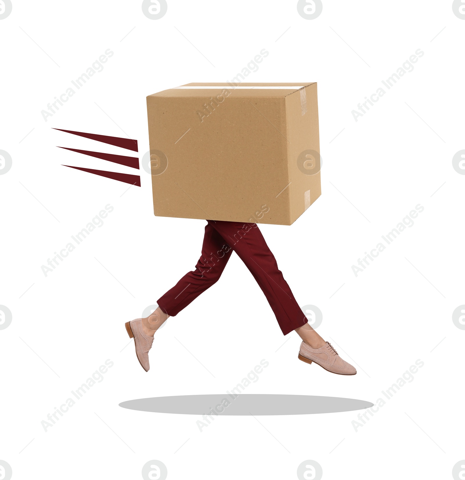 Image of Cardboard box with woman's legs running on white background. Fast delivery