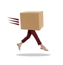 Image of Cardboard box with woman's legs running on white background. Fast delivery