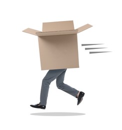 Image of Open cardboard box with man's legs running on white background. Fast delivery