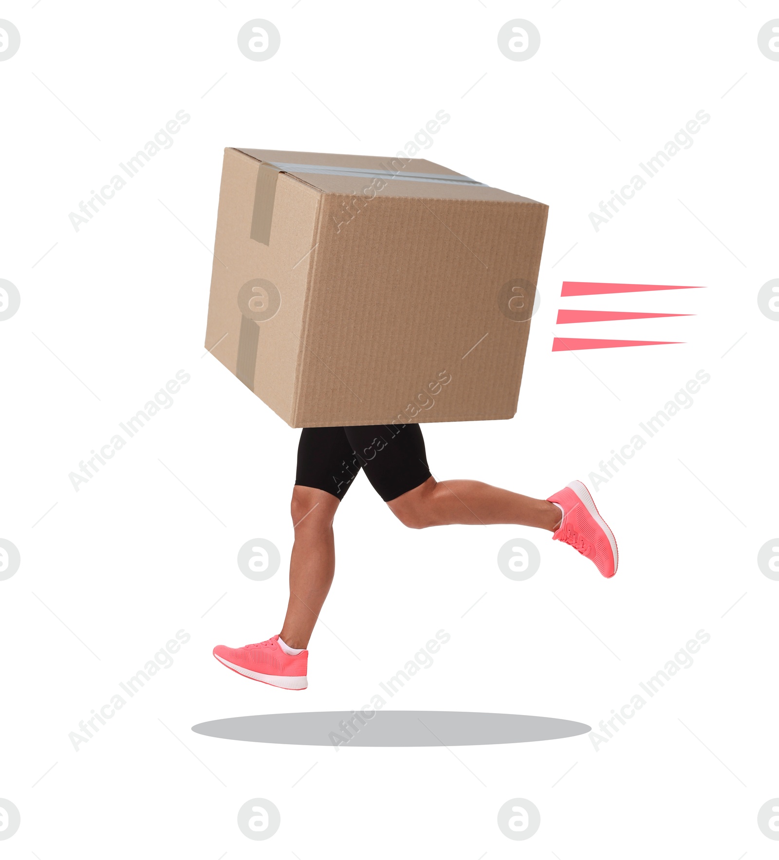 Image of Cardboard box with woman's legs running on white background. Fast delivery