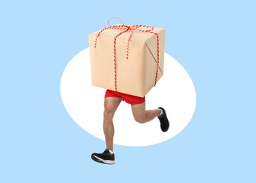 Image of Gift box with man's legs running on color background