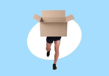 Image of Open cardboard box with man's legs running on color background. Fast delivery