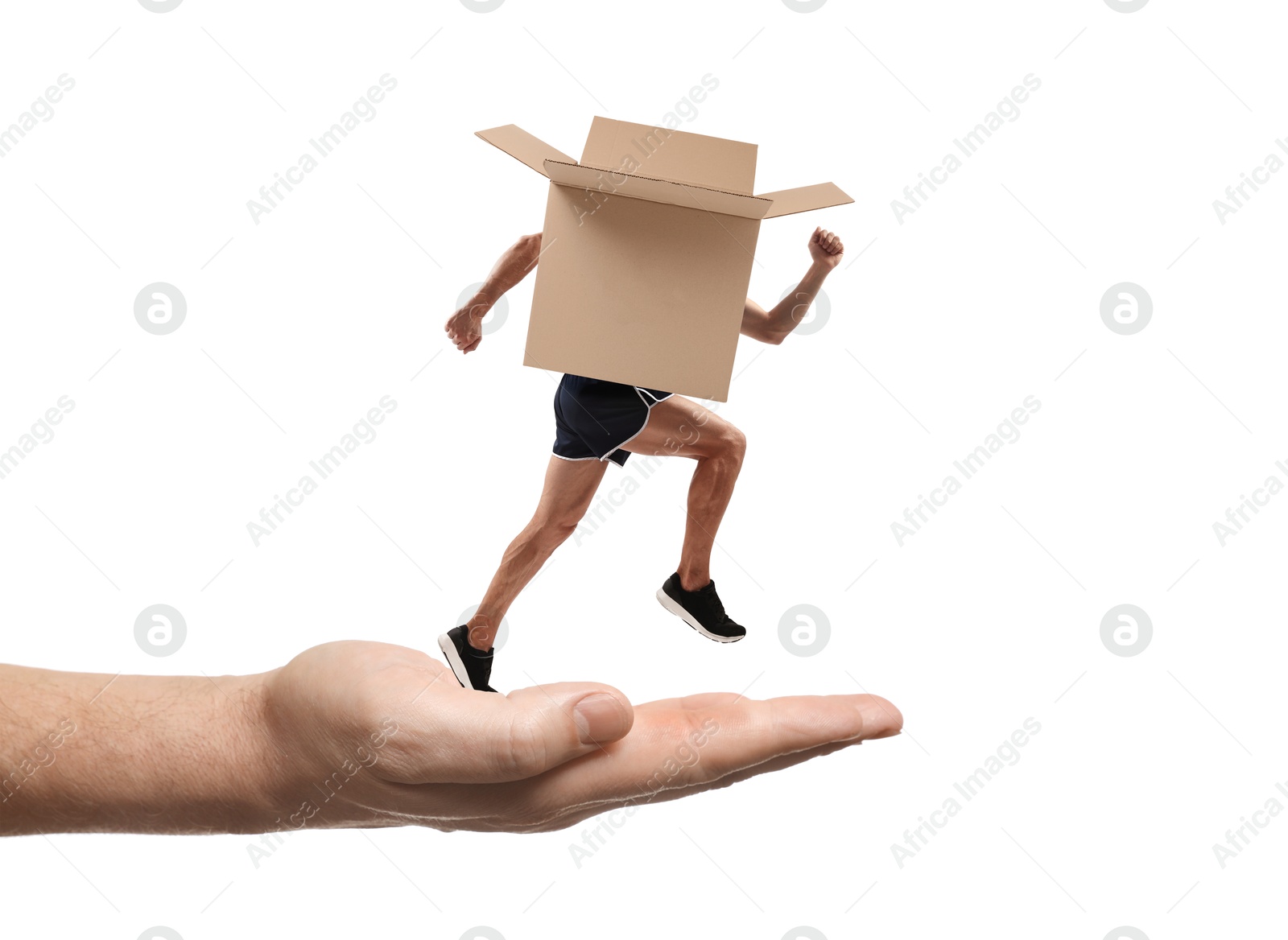 Image of Cardboard box with man's legs and arms running on hand against white background. Fast delivery