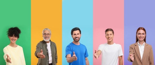 Image of Friendly people welcoming, collection of portraits on different colors backgrounds