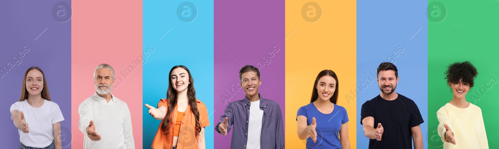 Image of Friendly people welcoming, collection of portraits on different colors backgrounds