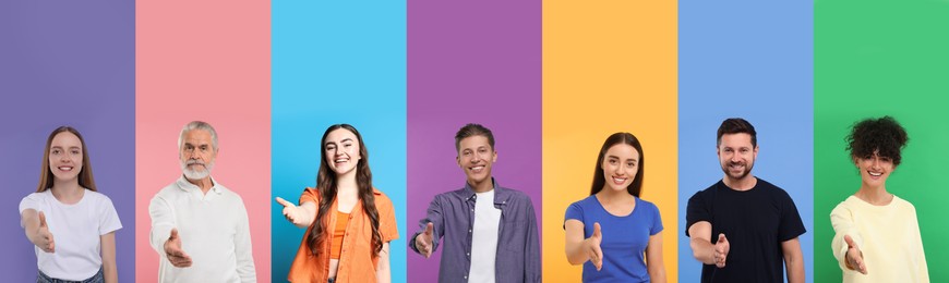 Image of Friendly people welcoming, collection of portraits on different colors backgrounds