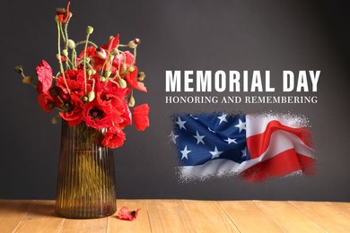 Image of Memorial day poster. Red poppies in vase and American flag against grey background