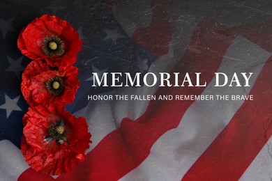 Image of Memorial day poster. American flag and red poppies on black background, top view