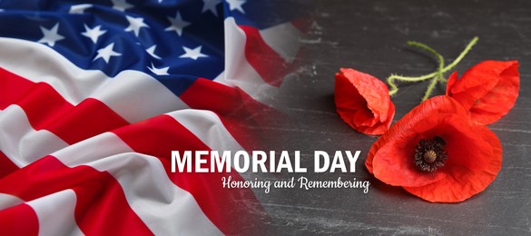 Image of Memorial day poster. American flag and red poppies on grey background, double exposure. Banner design