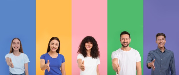 Image of Friendly people welcoming, collection of portraits on different colors backgrounds