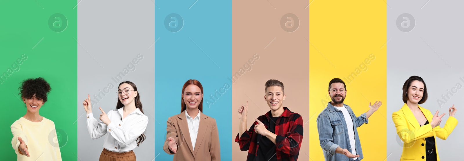 Friendly people welcoming, collection of portraits on different colors backgrounds Image of Friendly people welcoming, collection of portraits on different colors backgrounds