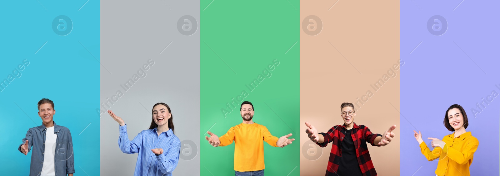 Image of Friendly people welcoming, collection of portraits on different colors backgrounds