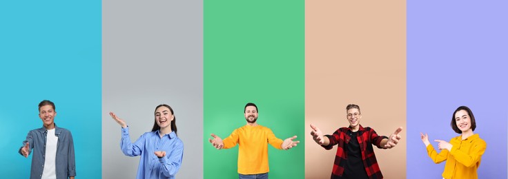 Image of Friendly people welcoming, collection of portraits on different colors backgrounds