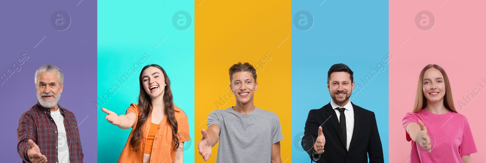 Friendly people welcoming, collection of portraits on different colors backgrounds Image of Friendly people welcoming, collection of portraits on different colors backgrounds