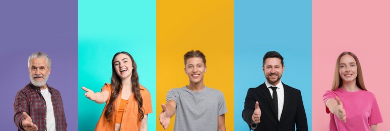 Image of Friendly people welcoming, collection of portraits on different colors backgrounds