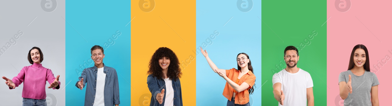 Image of Friendly people welcoming, collection of portraits on different colors backgrounds