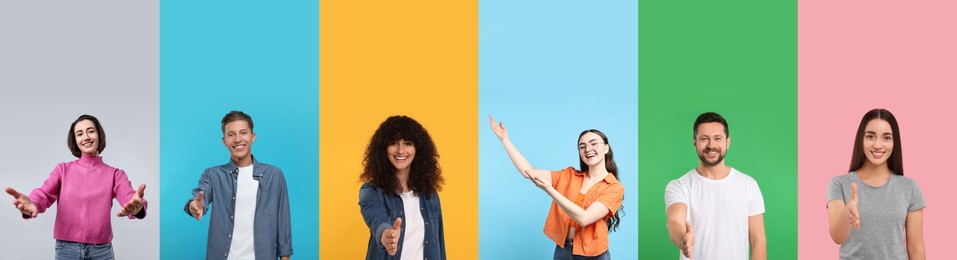 Image of Friendly people welcoming, collection of portraits on different colors backgrounds