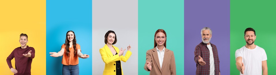 Image of Friendly people welcoming, collection of portraits on different colors backgrounds