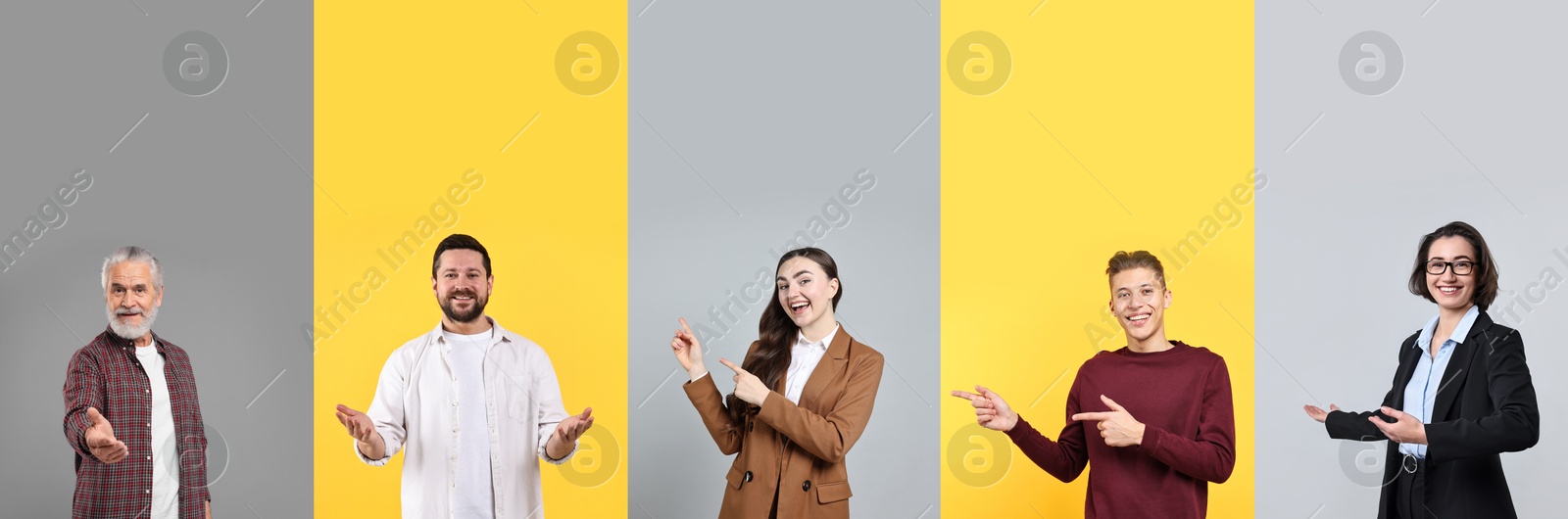 Friendly people welcoming, collection of portraits on different colors backgrounds Image of Friendly people welcoming, collection of portraits on different colors backgrounds