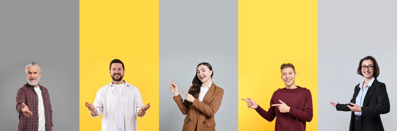 Image of Friendly people welcoming, collection of portraits on different colors backgrounds