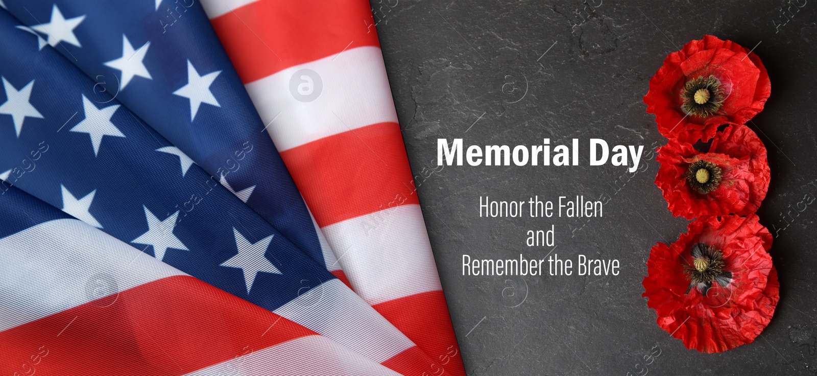 Memorial day poster. American flag and red poppies on grey background, top view. Banner design Image of Memorial day poster. American flag and red poppies on grey background, top view. Banner design