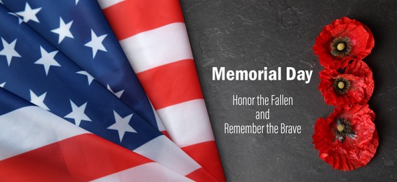 Image of Memorial day poster. American flag and red poppies on grey background, top view. Banner design