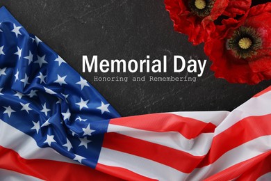 Image of Memorial day poster. American flag and red poppies on dark grey background, top view