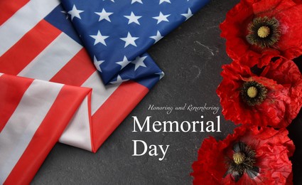 Image of Memorial day poster. American flag and red poppies on dark grey background, top view