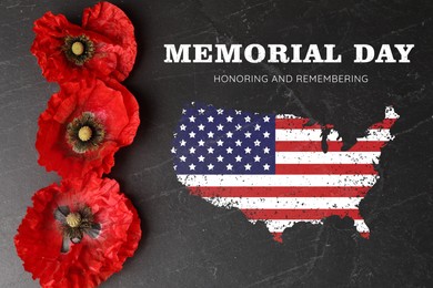 Image of Memorial day poster. USA country border with American flag and red poppies on black background, top view