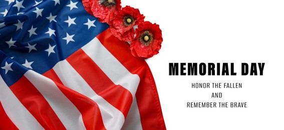 Image of Memorial day poster. American flag and red poppies on white background, banner design