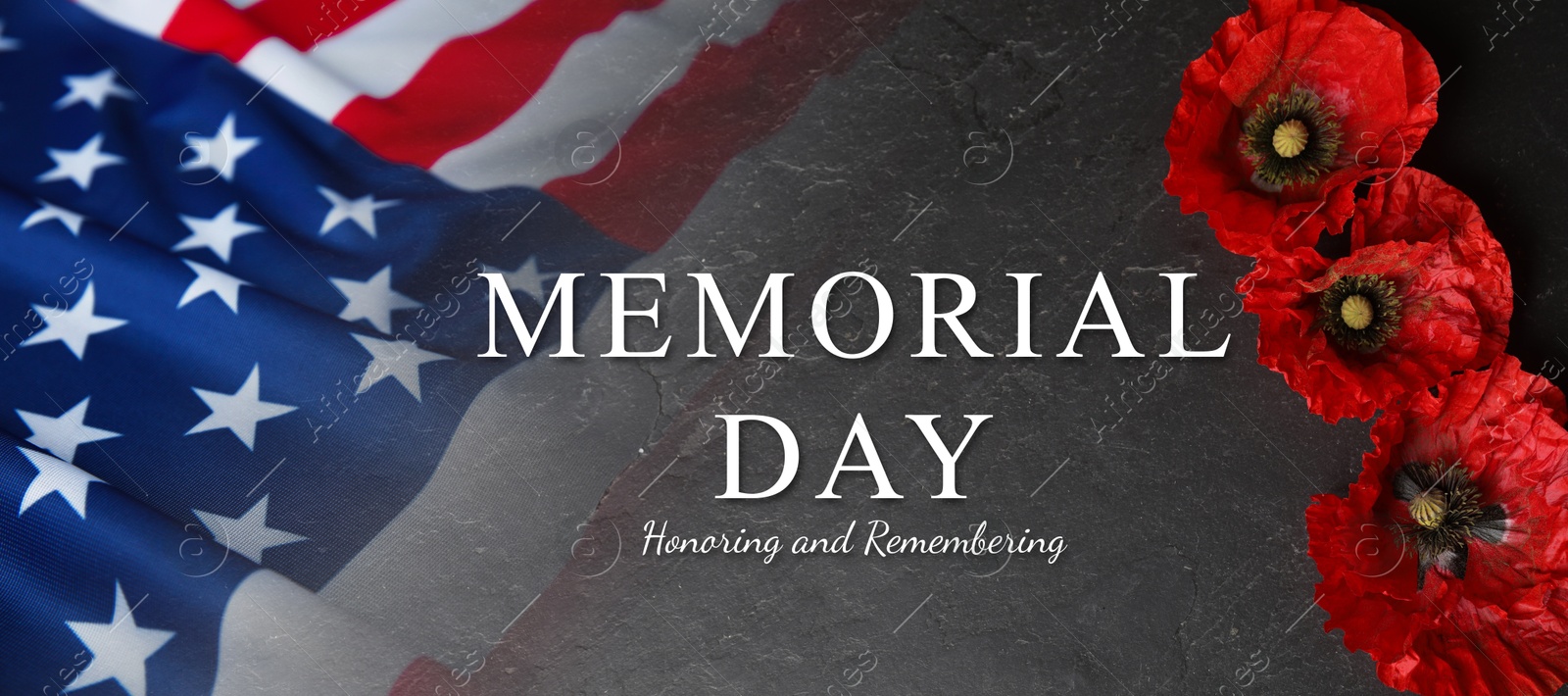 Image of Memorial day poster. American flag and red poppies on grey background, double exposure