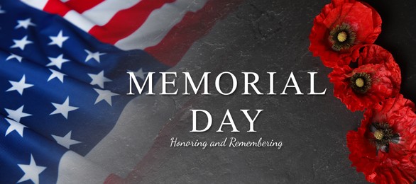 Image of Memorial day poster. American flag and red poppies on grey background, double exposure