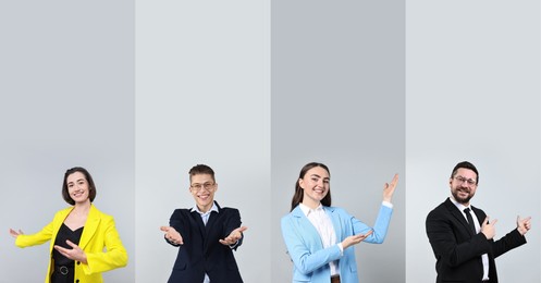 Image of Friendly people welcoming, collection of portraits on different colors backgrounds