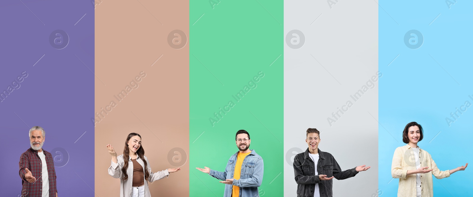 Image of Friendly people welcoming, collection of portraits on different colors backgrounds