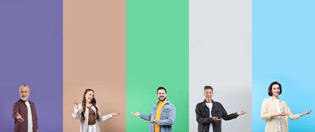 Image of Friendly people welcoming, collection of portraits on different colors backgrounds
