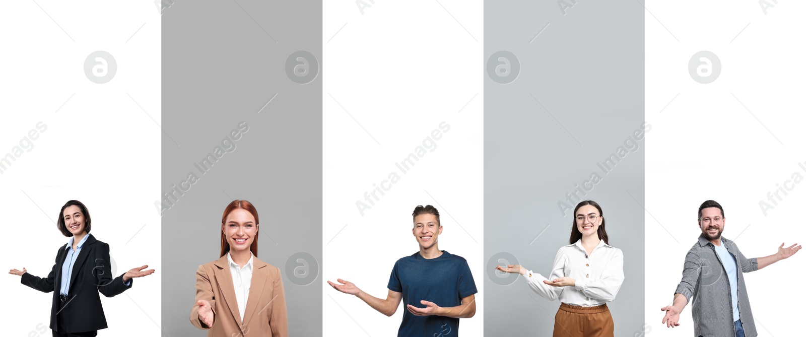 Friendly people welcoming, collection of portraits on different colors backgrounds Image of Friendly people welcoming, collection of portraits on different colors backgrounds