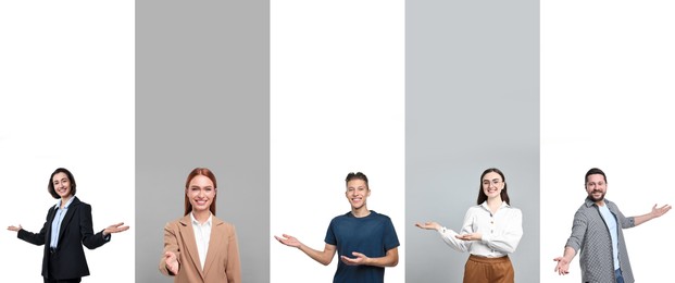 Image of Friendly people welcoming, collection of portraits on different colors backgrounds