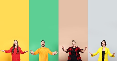 Image of Friendly people welcoming, collection of portraits on different colors backgrounds